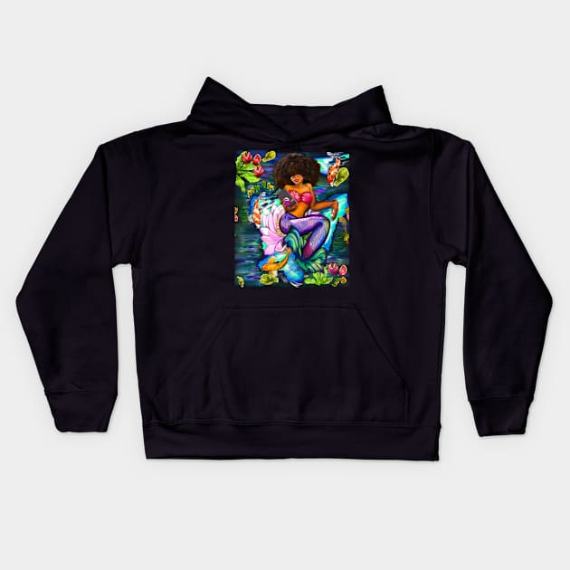 Mermaid with full afro checking her phone ii with Koi fish in koi pond with plants and flowers Kids Hoodie by Artonmytee